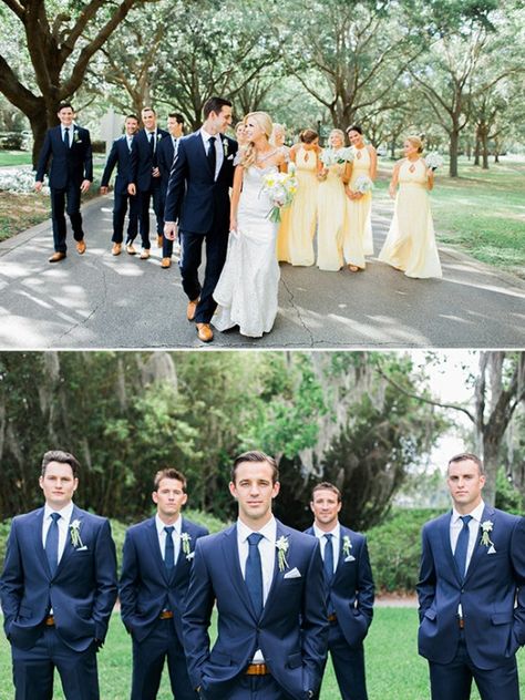 Chic Southern Blue and Gold Wedding Yellow Bridesmaid Dresses With Groomsmen, Yellow And Blue Wedding Theme, Blue And Yellow Wedding Theme, Wedding Cakes Winter, Yellow Wedding Party, Pictures Of Winter, Pale Yellow Weddings, White Jeans For Men, Light Yellow Weddings