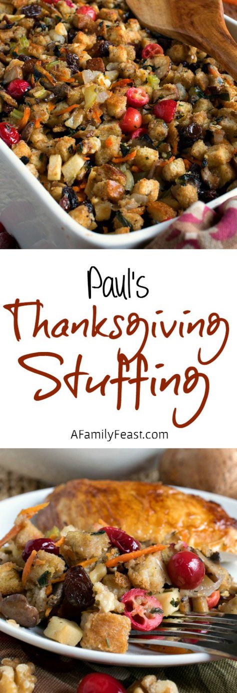 Paul's Thanksgiving Stuffing - A fantastic, easy Thanksgiving stuffing with lots of different savory and sweet flavors. Easy Thanksgiving Stuffing, Stuffing With Cranberries, Family Feast Recipes, Cranberry Stuffing, Orange And Cranberry, Turkey Stuffing Recipes, Bread Stuffing, Orange Cranberry, Turkey Stuffing