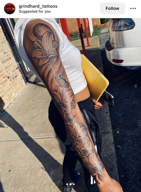 Whole Sleeve Tattoos For Women, Full Arm Sleeve Tattoos For Women, Tattoo Essential, Pet Portrait Tattoos, Half Arm Sleeve Tattoo, Half And Full Sleeve Tattoos, Full Arm Sleeve, Arm Tattoos Black, Floral Arm Tattoo