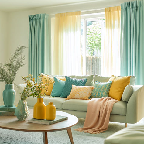 Incorporate these tones into your decor:⁣⁣ ⁣⁣ 🩵 Turquoise Blue: Creates a relaxing atmosphere. Use it in cushions, throws...⁣ ⁣ 💛 Lemon Yellow: Adds energy and joy. Ideal for accessories like vases, lamps, or artwork. ⁣ 💚 Mint Green: Refreshing and modern. Try it with curtains, rugs, or small furniture.⁣ ⁣ 🩷 Coral: A warm and welcoming color. Use it candles, photo frames, or textiles. ⁣ 🤍 White: Good choice for a clean and bright look. Use it as a base and add the other colors for contrast. Mint Living Rooms, Aqua Curtains, Turquoise Curtains, Candles Photo, Office Refresh, Yellow Decor Living Room, Hall Entrada, Green Lounge, Yellow Furniture