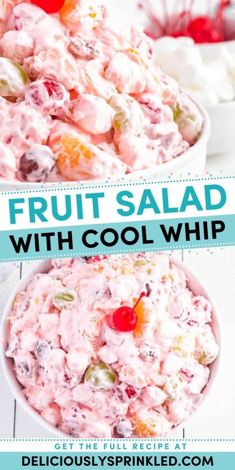 A perfect spring salad idea! This spring side dish recipe is as easy as dump and mix. Tossed in Cool Whip with marshmallows and pecans, this fruit salad for parties is sweet and creamy with a little crunch! Fruit Salad With Cool Whip, Fruit Delight, Easy Fruit Salad, Fluff Salad Recipes, Easy Fruit Salad Recipes, Cool Whip Desserts, Cookout Sides, Cookout Side Dishes, Fluff Desserts