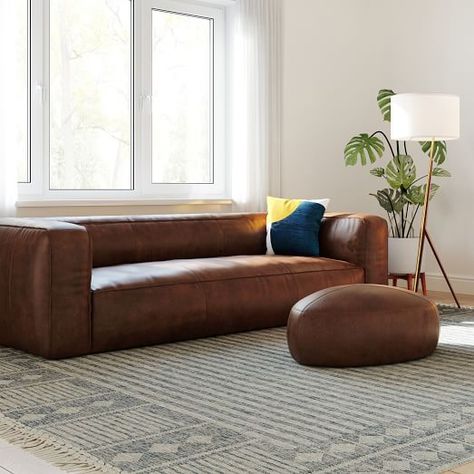 Beautiful Sofas, Tufted Sofa, Leather Couch, Leather Lounge, Leather Ottoman, West Elm, Luxury Living Room, Living Room Interior, Leather Upholstery