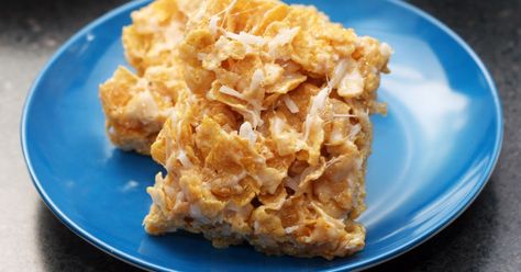 original recipe for coconut marshmallow cornflake treats by Rachel Rappaport Cornflake Treats, Coconut Lime Recipes, Cornflake Cake, Flake Recipes, Marshmallow Treats, Cereal Treats, Rice Krispie Treats, Crispy Treats, Coconut Recipes