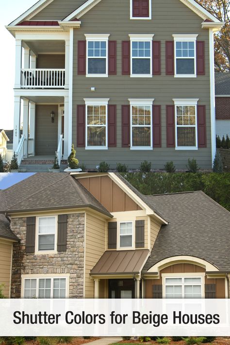 Compose an even more inviting home with shutter colors in richer reds and earthy brown tones to compliment your beige siding.    #exteriorshutters #shutters #exteriorideas #curbappeal #exteriordesign #homeexterior #exteriorideas #exteriorcolor #houseexterior #housedesign #jameshardie #hardieplank #hardiesiding Siding Shutter Color Combinations, Shutter Colors For Beige House, Brown House With Shutters, Shutter Colors For Tan House Brown Roof, Tan House Brown Shutters, Shutters Exterior Colors, Siding And Shutter Colors Combinations, Shutter Colors For Tan House, Vinyl Siding Ideas Exterior