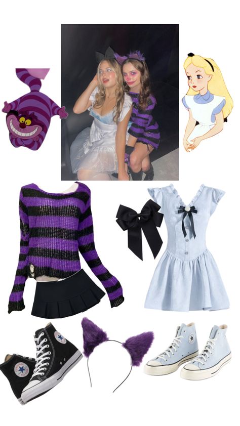 Duo Halloween costumes Alice And Cat Costume, Iconic Costume Ideas Duo, Matching Outfit Halloween, Alice And Cheshire Cat Costume Duo, Duo Halloween Costumes Female, Keroppi Halloween Costume, Best Duos Costumes, Duo Simple Halloween Costumes, Easy Last Minute Duo Halloween Costumes