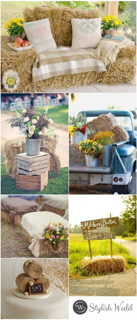 Chic Country Hay Bales Wedding Ideas for Outdoor Wedding Hay Bales Wedding, Hay Bale Ideas, Hay Bale Wedding, Rustic Country Wedding Decorations, Deco Champetre, Country Wedding Decorations, Outdoor Wedding Inspiration, Mason Jar Wedding, Hay Bales