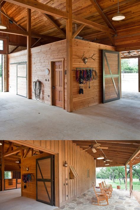 An extra storage room for feed and tack on the interior, and a covered porch perfect for relaxing in the rocking chairs after hitting the trail. #horsebarn #tackroom #rockingchairs #horsestall #horses #equine Horse Tack Rooms Western, Tack And Feed Room Ideas, Tack Room Western, Barn Tack Room Ideas, Dream Tack Room, Horse Tack Room Ideas, Tack Room Ideas Barn, Barn Stall Ideas, Small Horse Barn Ideas Layout