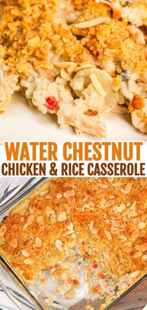 Water Chestnut Chicken and Rice Casserole is a hearty chicken casserole loaded with shredded rotisserie chicken, water chestnuts, almonds, pimentos and instant rice all topped with a buttery Ritz cracker crumb topping. Chicken And Wild Rice Casserole With Pimentos, Chicken Broccoli Water Chestnut Casserole, Chicken Water Chestnut Casserole Recipes, Chicken And Rice Casserole With Slivered Almonds, Water Chestnut Chicken Casserole, Chicken Casserole Water Chestnuts Rice, Chicken Water Chestnuts Casserole, Rocky Top Casserole, Chicken Water Chestnut Casserole