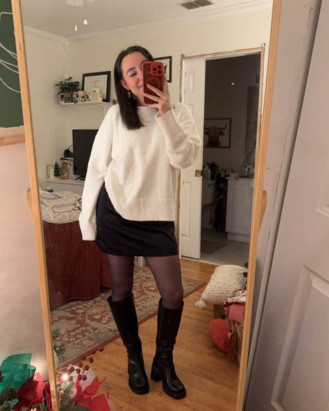 black boots and white sweater outfit. black skirt and black sheer tights from target. November, I love you 🤎 Black Sheer Tights, Black Tights Outfit, White Sweater Outfit, Outfit Black, Sweater Outfit, Sheer Tights, Tights Outfit, White Sweater, Black Tights