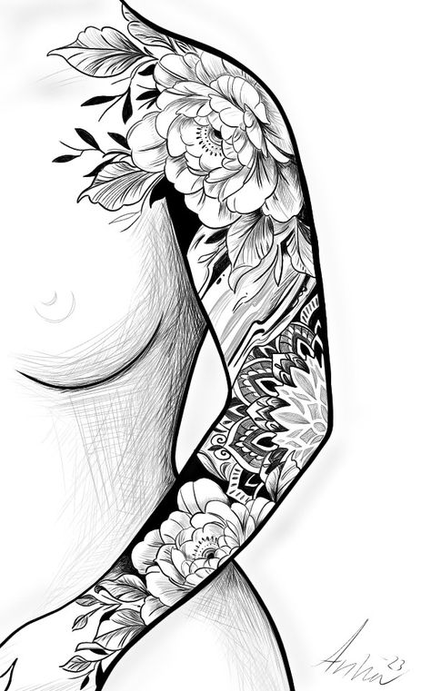 Art tattoo inspiration, sleeve with flowers and mandala Black Work Flower Tattoo Sleeve, Floral Half Sleeve Tattoo Upper Arm Butterfly, Sleeve Tattoos For Women Drawing, Make Tattoo Sleeve, Mandala And Flower Sleeve, Flower Theme Tattoo Sleeve, Creative Tattoo Stencil, Mandala Tattoo Arm Sleeve, Rose Garden Tattoo Sleeve