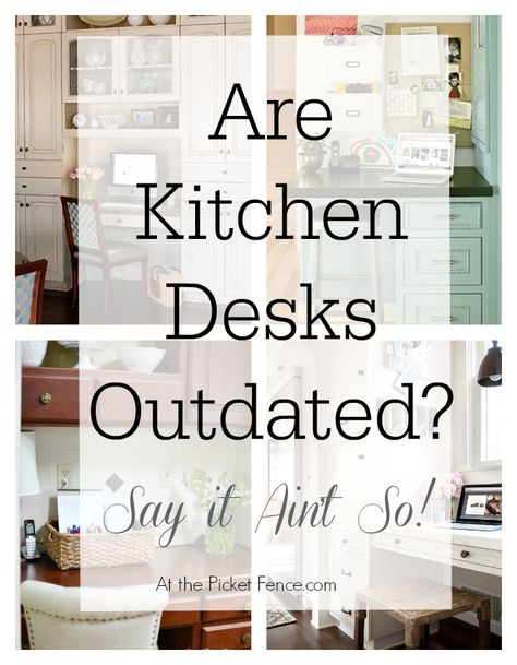 What do you think? Are kitchen desks outdated? atthepicketfence.com Kitchen Table Desk Ideas, Desks In Kitchen Ideas, Kitchens With Desks, Kitchen Counter Desk Area, Desk Area In Kitchen Ideas, Kitchens With Desk Area, Repurposed Kitchen Desk Area, What To Do With Desk Area In Kitchen, Built In Kitchen Desk Ideas