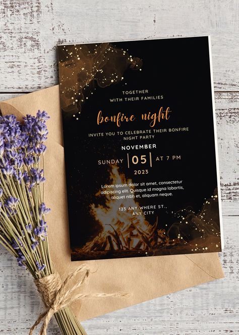 Bonfire Invitations, Sweet 16 Bonfire, Bonfire Party Invitations, Bonfire Birthday Party, Bonfire Birthday, Painted Wedding Invitation, Sweet Sixteen Birthday Party Ideas, Backyard Bonfire, Bonfire Party