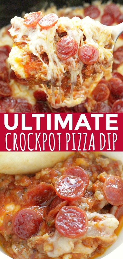 Ultimate Pizza Dip is loaded with cheese, pepperoni and sausage and is made for the slow cooker (Crockpot) so the cheese stays melted and dippable. #pizzadip #pizzadipcrockpot Keto Crockpot Dips, Tailgate Dips Crockpot, Dips In Crockpot, Best Crockpot Dips, Crockpot Pepperoni Dip, Pepperoni Dip Crock Pot, Football Sunday Dips, Pizza Dip Crockpot Crock Pot, Pizza Dip With Cream Cheese Crock Pot