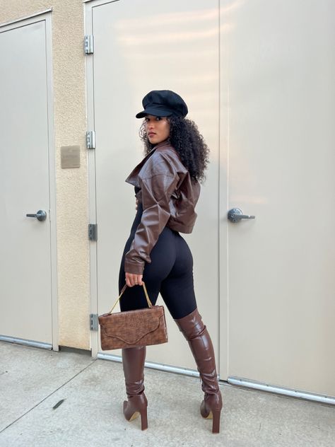 Thigh high boots and leather jacket Thigh High Boot Outfits Fall, Thigh High Leather Boots Outfit Winter, Tall Boots Outfit Fall Styles Black Women, Business Casual Thigh High Boots Outfit, Club Outfits With Thigh High Boots, Thigh High Boots Fall Outfit, Thigh High Boots Outfit Brown, Black Woman Baddie Outfits, Over Knee High Boots Outfit