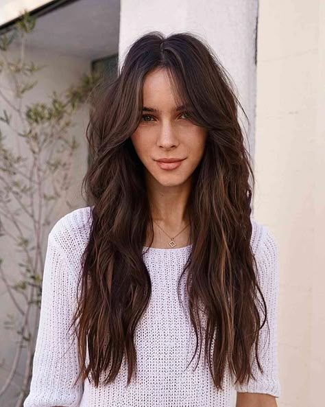 Choppy Textured Layers Long Hair, Women’s Haircut Long Hair, Long Layers With Choppy Bangs, Long Hair Internal Layers, Long Messy Layers Haircut, Brunette Choppy Layers, Long Haircuts For Fine Wavy Hair, Long Shag For Thinning Hair, No Style Haircut Long Hairstyles