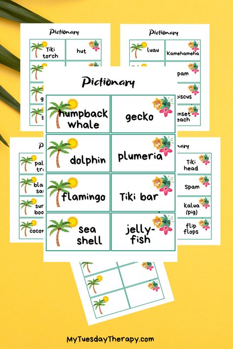 Hawaiian Luau Pictionary Word Cards. A fun game for summer luau party. Luau party printables. Luau party games. Hawaiian Pictionary Game, Backyard Summer Party Ideas, Summer Party Ideas For Adults, Summer Party Ideas For Kids, Hawaiian Games, Tropical Games, Luau Diy, Hula Hoop Games, Luau Games