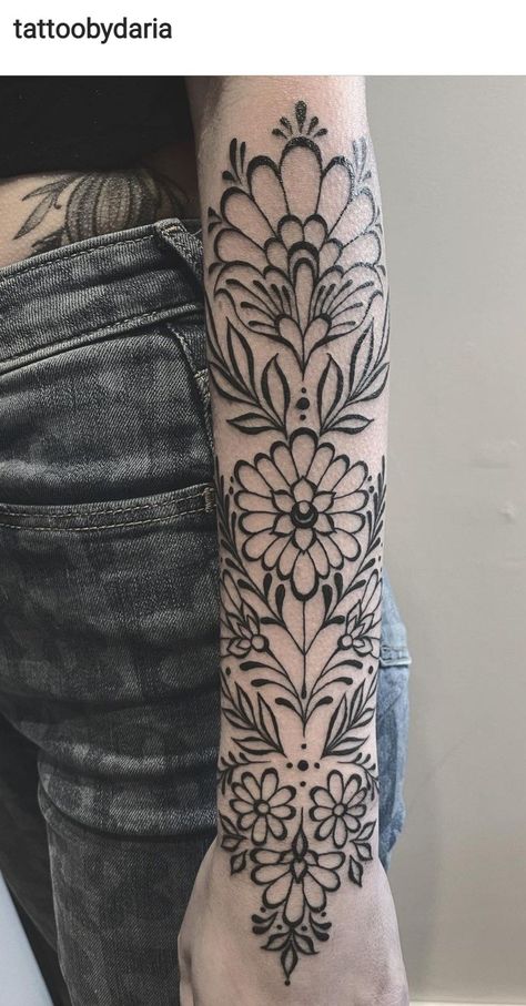 Folk Art Sleeve Tattoo, Ornamental Arm Sleeve, Mexican Ornamental Tattoo, Mexican Pottery Tattoo, Mandela Flowers Tattoo Design, Women Lower Arm Tattoo, Mexican Floral Tattoo, Hungarian Embroidery Tattoo, Folk Art Flowers Tattoo