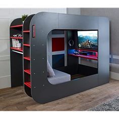 Gaming Bedroom Ideas, Bed Closet, Gaming Bed, Gaming Bedroom, Gamer Bedroom, High Sleeper Bed, High Sleeper, Bed In Closet Ideas, Closet Bed