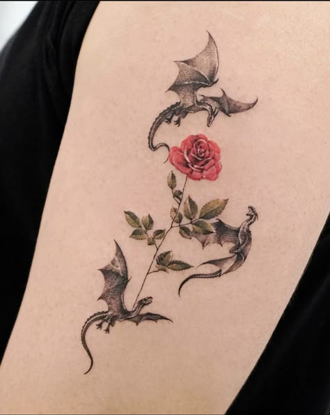 Mini Dragon Tattoo For Women, Firedrake Tattoo, Dragon And Bird Tattoo, Girly Dragon Tattoo For Women, Tattoos Beauty And The Beast, Library Tattoos, Tatoos Dragon, Small Pixie Tattoo, Dragon Rose Tattoo