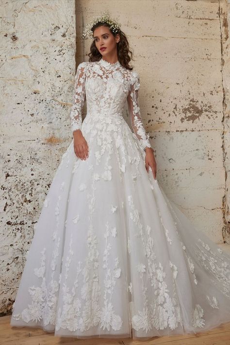 Long Sleeve Modest Lace Wedding Dress, Lace High Neck Wedding Dress, Ball Gown Silhouette, Statement Wedding Dress, High Neck Long Sleeve Wedding Dress, Christmas Wedding Dresses, Hijabi Wedding, Calla Blanche, Gown Silhouette