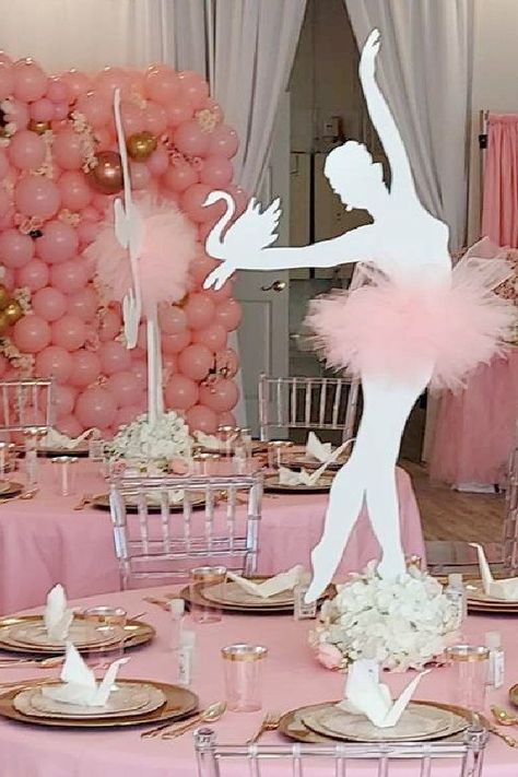 Ballerina Table Centerpieces, Ballet Decorations Party, Ballet Centerpieces Ideas, Ballerina Centerpiece Ideas, Ballet Themed Birthday Party, Lake Birthday Party Ideas, Ballet Party Ideas, Swan Lake Birthday Party, Ballerina Party Centerpiece