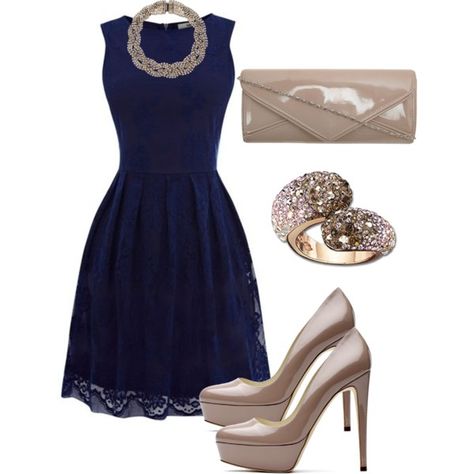 "navy and nude" by arj929 on Polyvore Wwe Backstage, Blue Dress Outfits, Navy Blue Cocktail Dress, Blue Cocktail Dress, Navy Blue Dress, Looks Chic, Guest Outfit, Chic Dress, A Dress