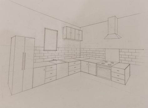 Two point perspective drawing of kitchen Two Point Perspective Kitchen Drawing, 2 Point Perspective Kitchen, Kitchen Design Sketch, Kitchen Perspective Drawing, 1 Point Perspective Drawing Easy, Drawing Of Kitchen, Kitchen Perspective, Two Point Perspective Drawing, One Point Perspective Room