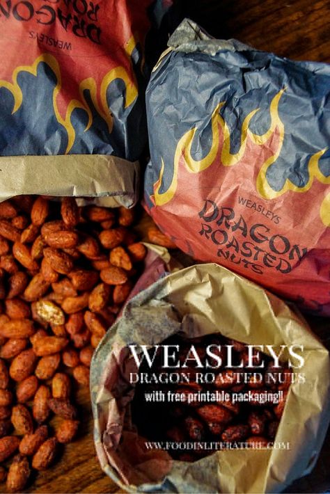 Weasleys' Dragon Roasted Nuts | Harry Potter | InLiterature Theme Dinners, Roasted Nuts Recipe, Printable Packaging, Hp Christmas, Wizard Wheezes, Midnight Cravings, Snack Mixes, Geek Food, Harry Potter Food