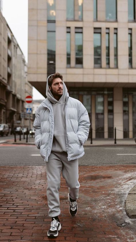 Hoodie And Puffer Jacket Outfit Men, Mens Tracksuit Outfit, Men’s Tracksuit Outfit, Men Sweatsuit Outfit, Men’s Sweats Outfit, Athleisure Fashion Men, Mens Sweatsuit Outfits, Comfy Outfits Men, Sweatsuits Men