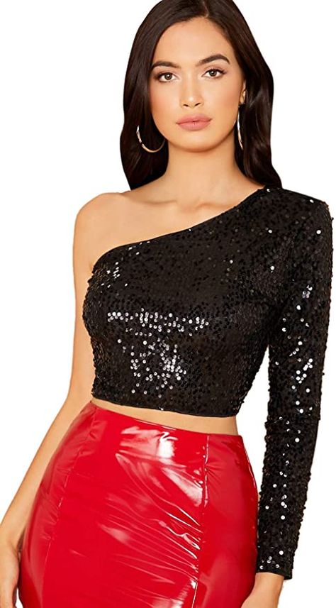 Verdusa Women's One Shoulder Glitter Sequin Crop T-Shirt Top at Amazon Women’s Clothing store Glitter Tops Outfit, Sequins Top Outfit, Gold Sequin Top, Glitter Shorts, Evening Skirts, Glitter Top, Sequin Crop Top, Half Shirts, Crop T Shirt