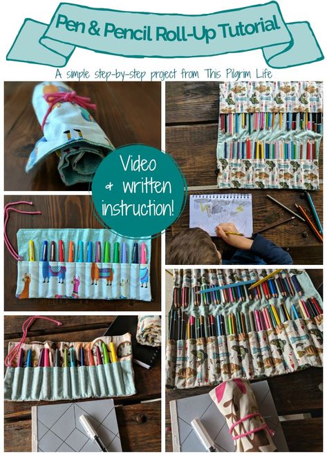 Keep pens, colored pencils, and crayons organized and easy to use with a fun pencil roll-up! Find both video and written instructions for this simple sewing project. Diy Pencil Roll, How To Make A Roll Up Pencil Case, Rolled Pencil Case Pattern, Crayon Roll Up Pattern Free, Stand Up Pencil Case Pattern, Colored Pencil Roll Up Case Pattern, Colored Pencil Holder, Roll Up Pencil Case, Colored Pencil Case