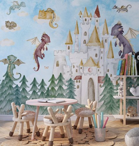 Kids Room Wallpaper Dragons Guarding the Castle is the perfect wallpaper for your nursery or kids' room. It features a colorful, fairy-tale scene of dragons guarding a castle atop a hill. The wallpaper is made with a peel and stick adhesive, so it's easy to install and remove. Plus, it's durable and washable, so it can stand up to wear and tear. It's perfect for creating a magical atmosphere in any room.      An offer of personalized wallpaper, beautifully made exactly to the size of your wall.  Materials : We offer a peel-and-stick material, a very easy-to-stick premium material that can be applied to both smooth and uneven walls. This premium material can be used many times - stickers are repositionable! The premium material will be perfect for uneven, textured walls that require slipper Kids Room Wall Murals, Dragon Nursery, Kindergarten Wallpaper, Playroom Wallpaper, Murals For Kids, Princess Wallpaper, Castle Wall, Kids Room Wallpaper, Kids Room Wall