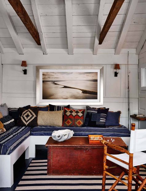 Nantucket Interior, Nantucket Beach House, Custom Window Seat, Reclaimed Wood Ceiling, Nantucket Cottage, Nautical Interior, Nantucket Home, Nantucket Style, Maine Cottage