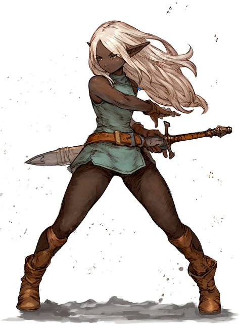 Female Warrior Pose, Drow Female Art, Female Adventurer, Warrior Poses, Elf Woman, Female Gnome, Elf Characters, Elf Girl, Female Elf