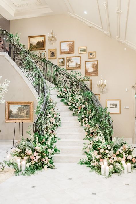 NJ Wedding Photographer Park Chateau | Jennifer Larsen Photography Wedding Staircase Decoration, Evening Wedding Ceremony, Wedding Stairs, Wedding Staircase, Stair Banister, Fair Photography, Winter Bridal Showers, White Pillar Candles, Staircase Decor