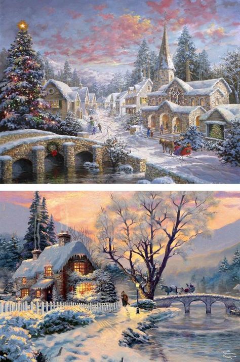 Magical Christmas of Thomas Kinkade - All Ontario Winter Art Painting Vintage Christmas, Thomas Kinkade Winter Scenes, Beautiful Winter Scenes Christmas, Thomas Kincaid Christmas, Christmas Scenery Paintings, Beautiful Christmas Pictures, Thomas Kinkade Art, Thomas Kinkade Paintings, Winter Scene Paintings