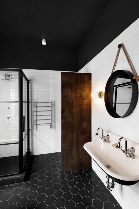 Wall partly+ceiling same dark colour makes ceilings look higher Ceiling Bathroom, Dark Ceiling, Wood Wall Bathroom, Vintage Apartment, Yellow Tile, Black And White Tiles, Trendy Bathroom, Best Bath, Wood Bathroom