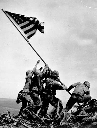 the raising of the flag on iwo jima, taken during the battle of iwo jima by joe rosenthal. the picture depicts the marines and sailor who raised the second flag over iwo jima: sgt michael strank, cpl harlon block, pfc franklin sousley, pfc rene gagnon, pfc ira hayes, pm2 john bradley. John Bradley, Perang Dunia Ii, Battle Of Iwo Jima, Iwo Jima, The American Flag, Us Marines, United States Marine, United States Marine Corps, Nagasaki