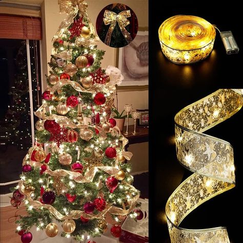 Amazon.com: GIHOO Christmas Ribbon Lights Gold 32ft (2X16ft) 100 LED Lights Double Layer Copper Wire Ribbon Bows Fairy Strings Lights for Weddings Thanksgiving Day Christmas Tree Decorations (Gold) : Home & Kitchen Gold Christmas Tree Decorations, Bow Light, Romantic Holiday, Led Fairy Lights, Ribbon On Christmas Tree, Warm Christmas, Christmas Fairy, Fairy String Lights, Christmas Ribbon