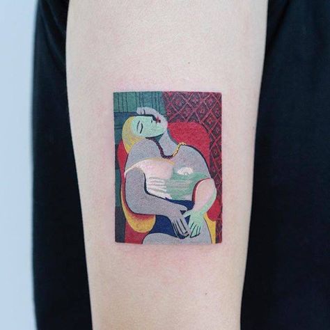 The Dream by Pablo Picasso tattoo on the right upper arm. Picasso Tattoo, Cubist Portraits, Art Inspired Tattoos, Korean Tattoo Artist, Tattoo Now, Gorgeous Tattoos, Painting Tattoo, Dream Tattoos, A Tattoo