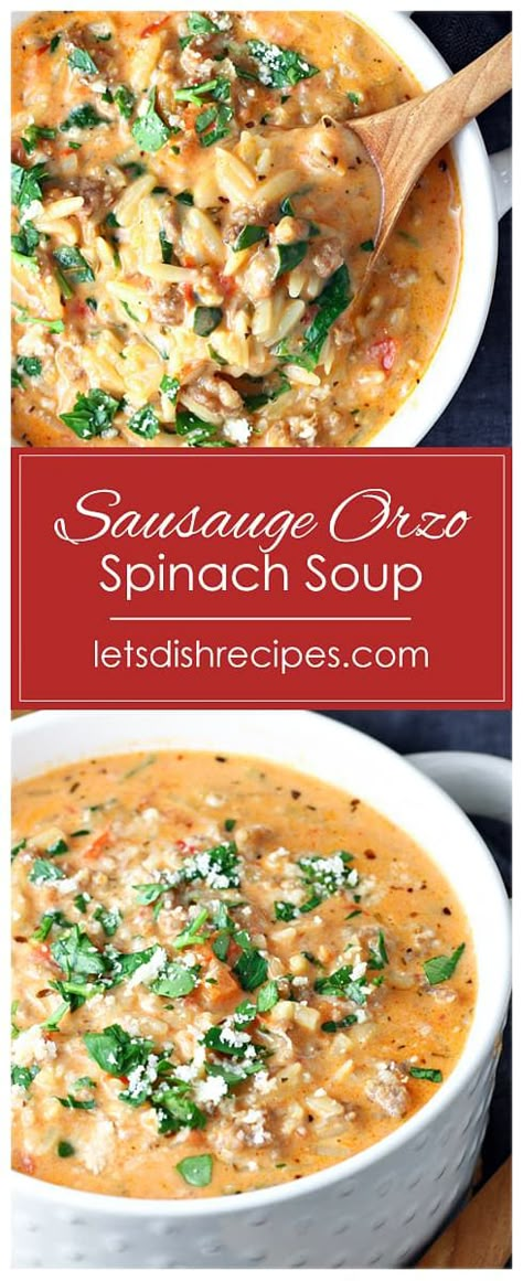 Sausage Orzo and Spinach Soup Recipe -- Italian sausage, orzo pasta and fresh spinach combine in a creamy tomato based broth in this creamy, hearty soup that's both easy and delicious. #soup #orzo #recipes Sausage Spinach Orzo Soup, Spinach And Orzo Soup, Italian Sausage Orzo Soup Recipes, Easy Orzo Soup Recipes, Healthy Orzo Soup, Spinach And Sausage Soup, Sausage And Orzo Soup, Orzo Sausage Soup, Soup Recipes With Orzo