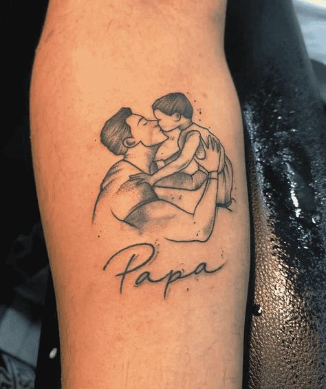 Papa Tattoo Design Images (Papa Ink Design Ideas) Papa Tattoo Ideas, Dad Son Tattoo Design, Father Tattoo Design, Dad Son Tattoo, Dad Tattoos For Men, Father And Son Tattoo Ideas, Papa Tattoo Design, Buddah Sleeve Tattoo, Baby Tattoo For Dads