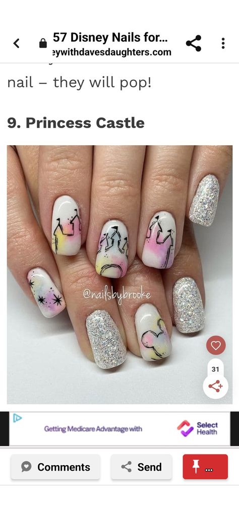 Disney Castle Nail Art, Princess Disney Nails, Disney Nails Princess, Magic Kingdom Nails, Princess Nails Acrylic, Belle Inspired Nails, Disney Castle Nails, Sleeping Beuty, Disney Themed Nails