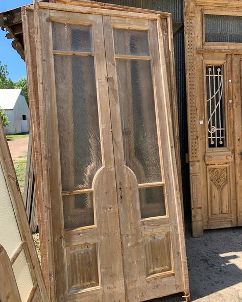 Charles Phillips Antiques on Instagram: “We really like these unusual antique French doors Charles found with the built in push panel,  44” x 105” opening.  These are the only ones…” Antique White French Doors, Vintage Double Doors, Antique French Door, Antique Wood French Doors, French Country Doors, White Oak Antique Double Doors, Old French Doors, Slate Kitchen, French Front Doors