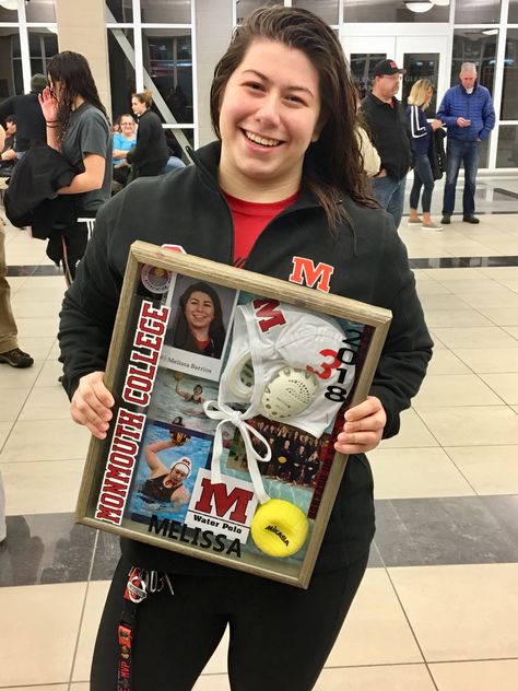 Senior Shadow Box Ideas Sports, College Senior Night Gifts, Softball Shadow Box Ideas, Volleyball Shadow Box Ideas, Swim Senior Night Gifts, Sports Shadow Box Ideas, Senior Night Swim, Water Polo Senior Night, Swim Senior Night