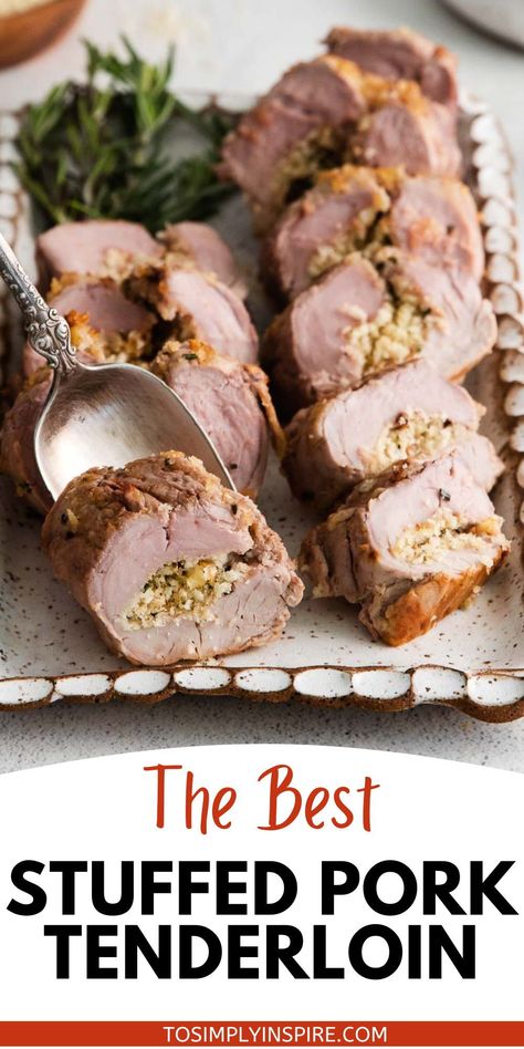 This stuffed pork tenderloin is stuffed with an herb and garlic breadcrumb mixture then seared and baked in a garlic, butter, and rosemary sauce! Add spinach and parmesan or feta cheese if desired! #porktenderloin #easydinner #porkrecipe Pork Loin Recipes Oven, Rosemary Sauce, Pork Tenderloin Oven, Easy Pork Tenderloin, Loin Recipes, Baked Pork Tenderloin, Roasted Pork Tenderloins, Stuffed Pork, Grilled Pork Tenderloin