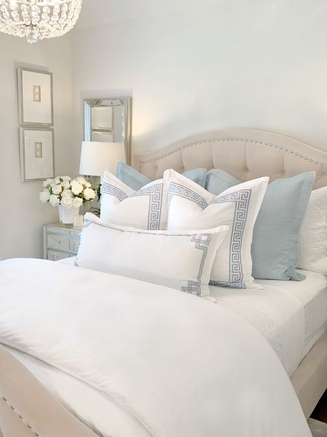 The Decor Diet, Blue Contemporary Bedroom, Grandmillenial Guest Bedroom, Main Room Ideas Bedrooms, Coastal Millenial Bedroom, Coastal Grand Millenial Bedroom, Light Blue White Bedroom, Blue White Pink Bedroom, Grandmellinial Decor Bedroom