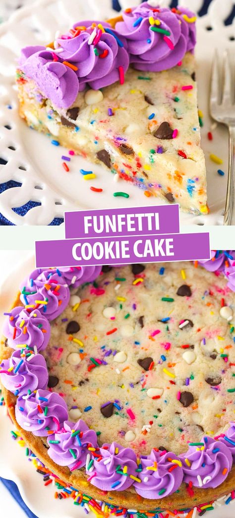 Fingertips Cookie Cake, Confetti Cookie Cake, Personal Cookie Cake, Birthday Cake Dessert Recipes, Good Cake Ideas, Cake Mix Cookie Cake, Birthday Cake Ideas Easy Simple, Chocolate Chip Cookie Layer Cake, Kids Summer Desserts