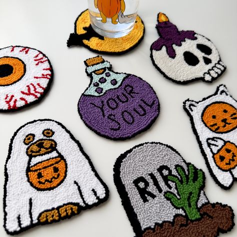 The product is made using cotton yarn and linen fabric and there is felt on the bottom side. 🧶 ️ A nice option to add some color to your home, office, car, or wherever you are! 🍄✨ 🎃 Add some Halloween flair to your desk with these! 🎃 Please feel free to ask me for any color options, designs and dimensions. You can message me anytime. 🫶🏻 CARE: Gently spot clean. 🫧 Sturdy enough but still don't pull the yarn too hard.  DIMENSIONS: 10 cm (±1) Happy Halloween! 🎃✨ Halloween home decor, autumn Needle Punching Ideas, Punch Needle Designs, Ghost Sugar Cookies, Ghost Dog, Coffee Coasters, Punch Needle Patterns, Halloween Coffee, Halloween Fabric, Halloween Home Decor