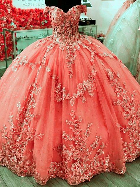 Pink 15 dress Hot Pink Quinceanera Dresses, Coral Quinceanera Dresses, 15 Birthday Dresses, Poofy Prom Dresses, Poofy Dress, Pink Quince, Pink 3d, Prom Dresses Elegant, Quinceanera Dresses Pink